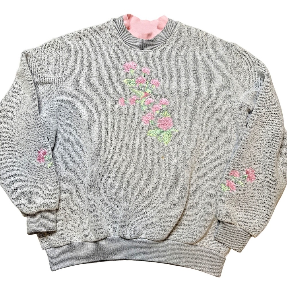Floral Grandma Embroidered Crewneck Sweatshirt Women's Large Gray Pink 90s